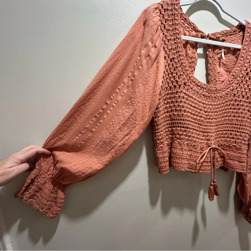 Free People Dusty Rose Crochet Peasant Crop Top
